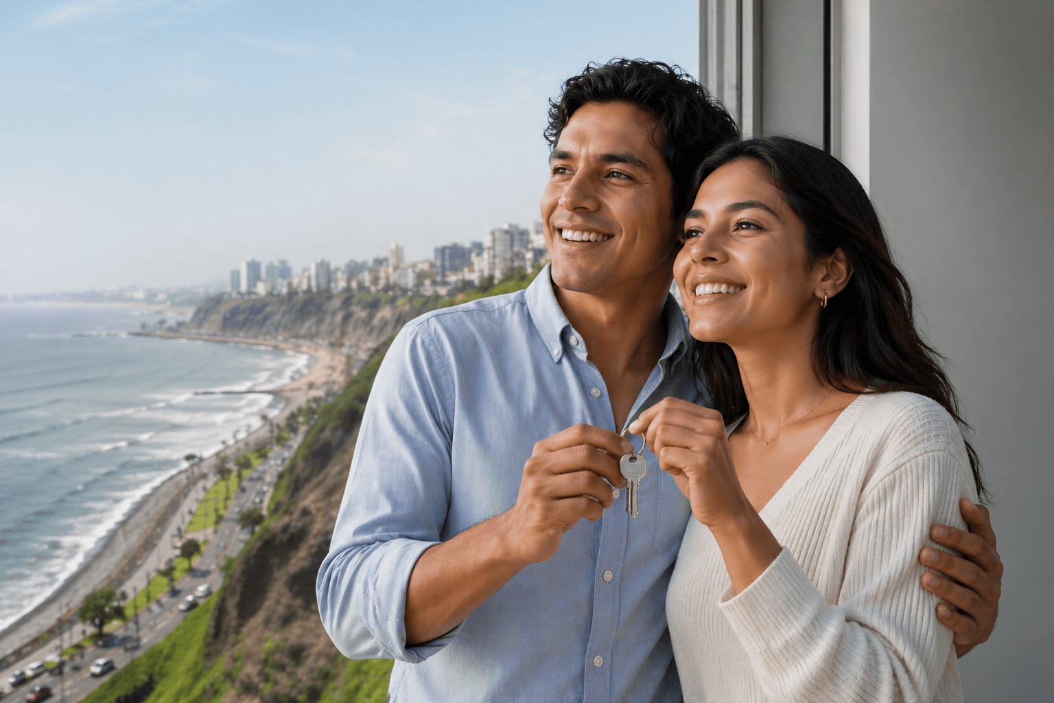 Pareja en su primer departamento con vista a la costa de Lima