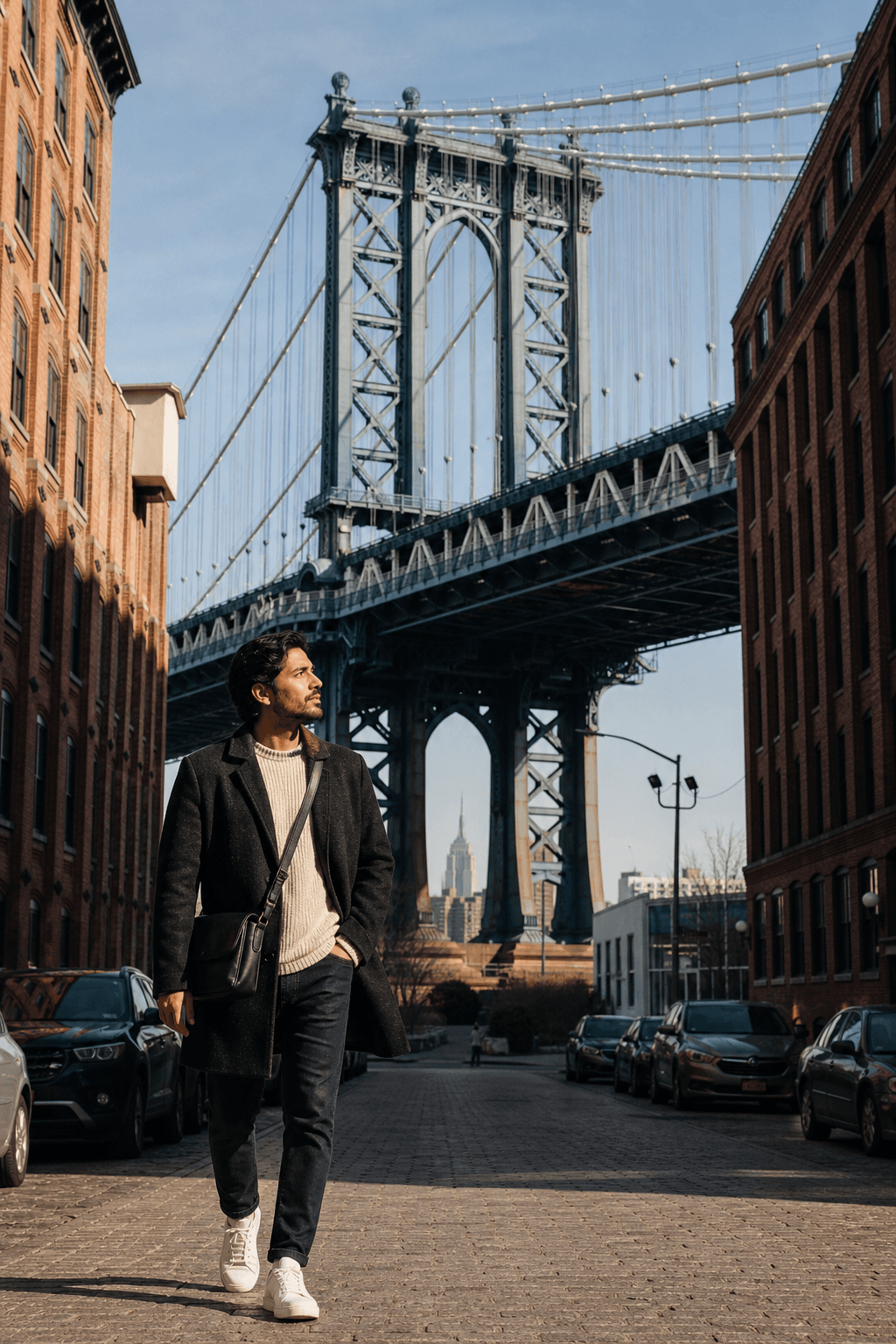 Hombre caminando en DUMBO con el puente de Manhattan al fondo