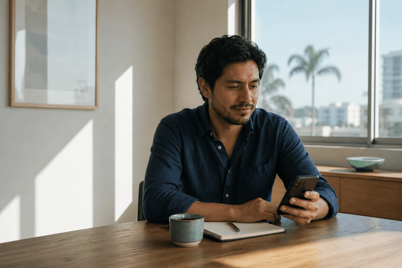 Profesional revisando su celular en su escritorio con un café
