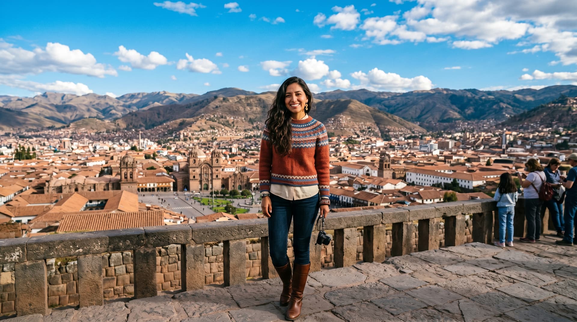 Mujer en un mirador de Cusco con la Plaza de Armas al fondo